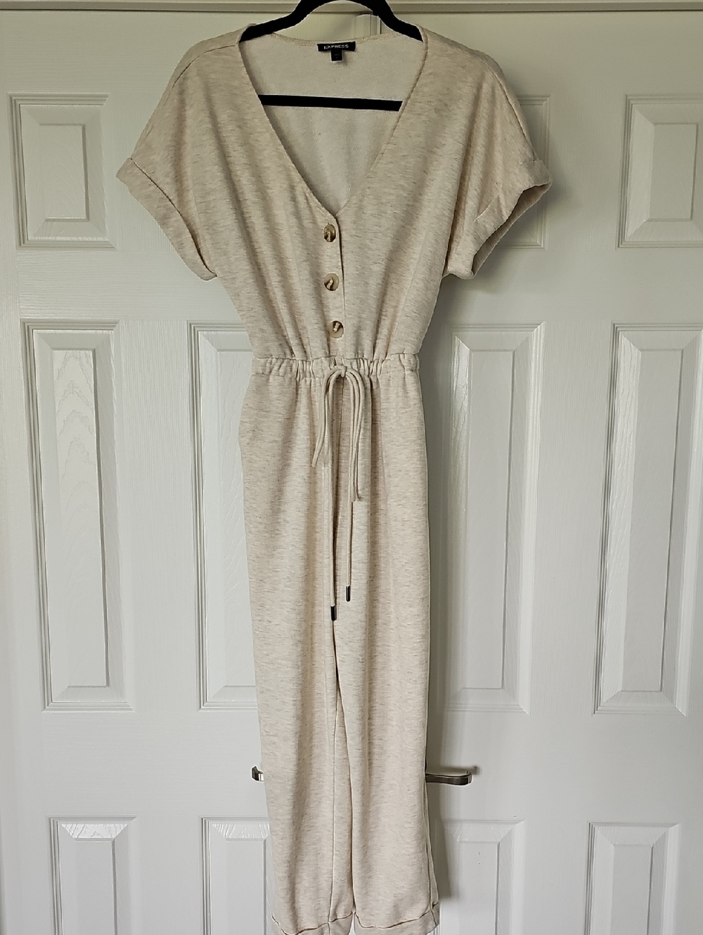 EXPRESS V-Neck Drawstring Jumpsuit - Heather Apricot Beige